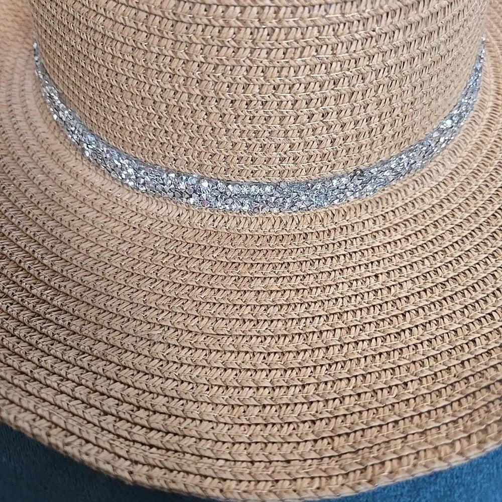 David and Young one size Tan Straw Sun Hat with Rhinestone Trim